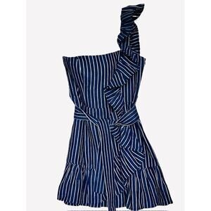 ALEXIS KONNER BLUE WHITE STRIPED LINEN ONE SHOULDER RUFFLE MINI DRESS L / LARGE
